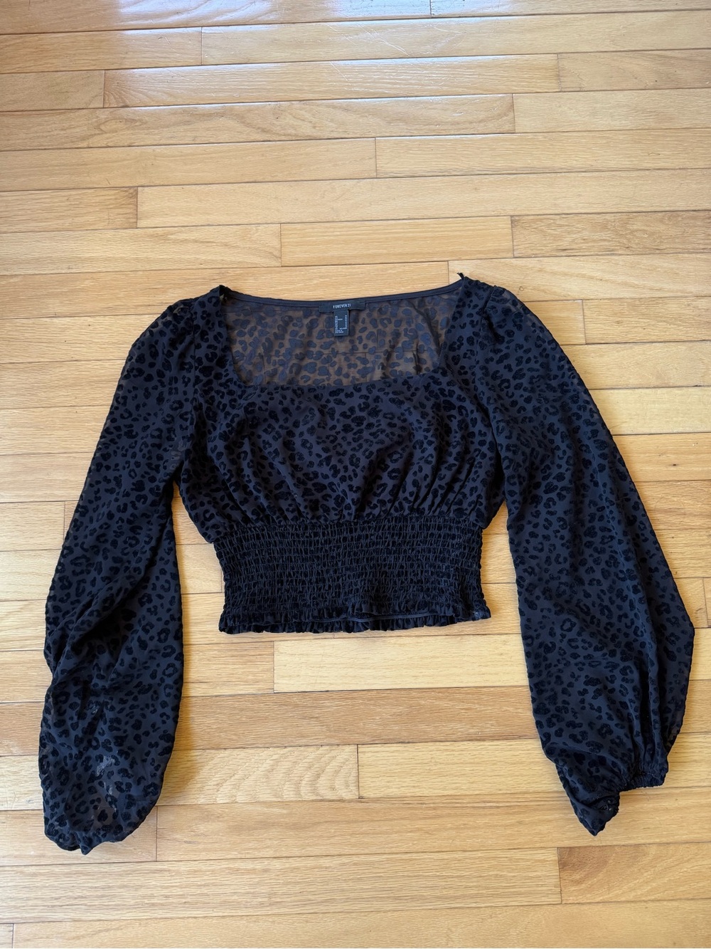 Forced 21 black leopard velvet burnout smocked band semi sheer top
